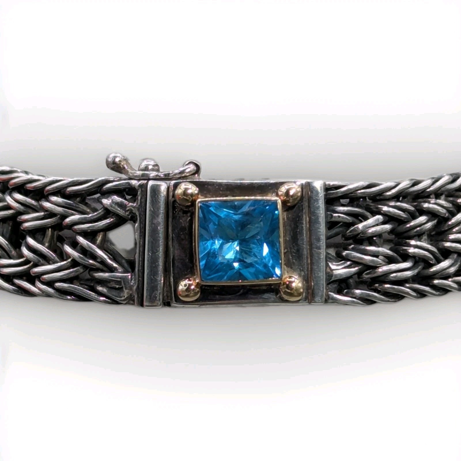 Vintage Artisan 14k Gold/Silver 925 Swiss Blue Topaz Braided Bracelet